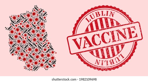 Vector mosaic Lublin Voivodeship map of covid-2019 virus, inoculation icons, and red grunge vaccination stamp. Virus items and vaccine items inside Lublin Voivodeship map.