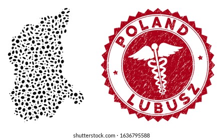Vector mosaic Lubusz Voivodeship map and red round rubber stamp seal with medic icon. Lubusz Voivodeship map collage designed with elliptic elements. Red round doctor seal stamp, with grunge texture.