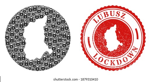 Mapa del voivodeo del mosaico vectorial de Lubusz de cerraduras y grunge sello LOCKDOWN. Mapa geográfico mosaico de la Voivodeship Lubusz diseñado como esténcil de forma redonda con cerraduras negras.