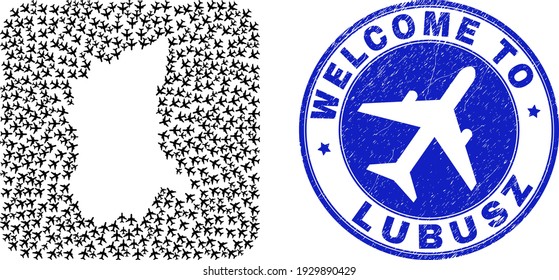 Vector mosaic Lubusz Voivodeship map of airflight items and grunge Welcome stamp. Mosaic geographic Lubusz Voivodeship map designed as subtraction from rounded square shape with air tourism.