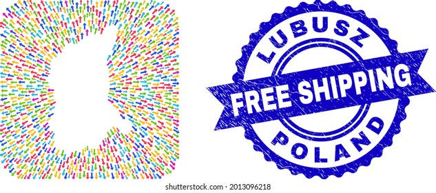 Vector mosaic Lubusz Voivodeship map of away arrows and grunge Free Shipping stamp. Mosaic Lubusz Voivodeship map created as hole from rounded square shape with away arrows.