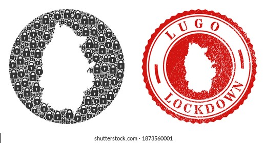Vector mosaic Lugo Province map of locks and grunge LOCKDOWN seal. Mosaic geographic Lugo Province map constructed as carved shape from round shape with black locks.
