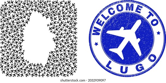 Vector mosaic Lugo Province map of air flight elements and grunge Welcome badge. Collage geographic Lugo Province map constructed as carved shape from rounded square shape with air trips.