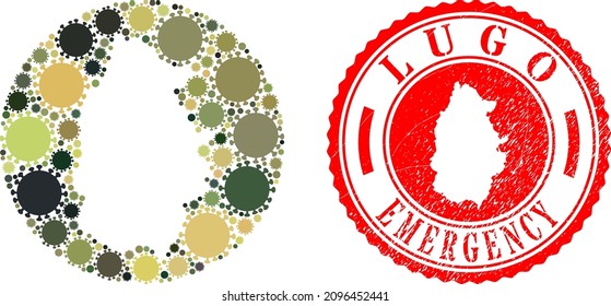 Vector mosaic Lugo Province map of covid infection items and grunge EMERGENCY seal.