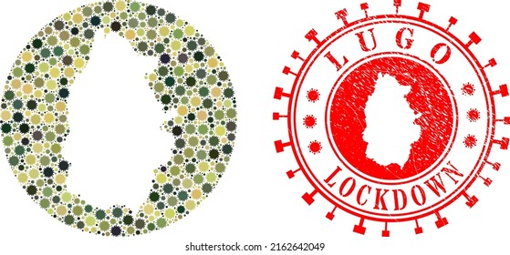 Vector mosaic Lugo Province map of flu virus elements and grunge LOCKDOWN stamp. Mosaic geographic Lugo Province map designed as stencil from circle with virus outbreak elements in camo army colors.