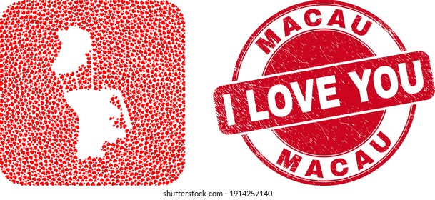 Vector mosaic Macau map of lovely heart items and grunge love badge. Mosaic geographic Macau map designed as stencil from rounded square shape with lovely hearts.