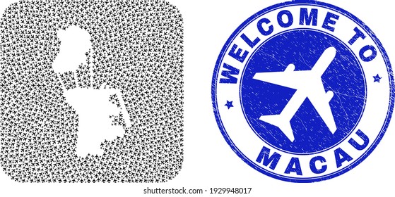 Vector mosaic Macau map of sky jet elements and grunge Welcome seal. Mosaic geographic Macau map designed from rounded square shape with sky jets.