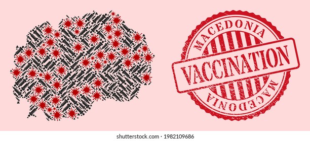Vector mosaic Macedonia map of corona virus, dose icons, and red grunge vaccination seal. Virus cells and dose items inside Macedonia map. Red seal with scratched rubber texture and vaccination tag.