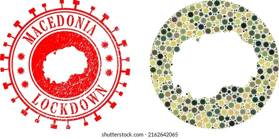 Mapa de Macedonia de mosaico vectorial de elementos del virus del cóvido y sello LOCKDOWN de grunge. Mapa de Macedonia geográfico mosaico diseñado como sustracción de forma redonda con elementos del virus SARS en colores del ejército caqui.