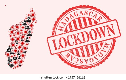 Vector mosaic Madagascar Island map of SARS virus, masked people and red grunge lockdown stamp. Virus elements and people in masks inside Madagascar Island map.
