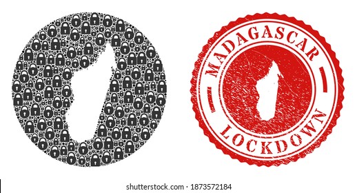 Vector mosaic Madagascar Island map of locks and grunge LOCKDOWN seal stamp. Mosaic geographic Madagascar Island map created as subtraction from circle with black locks.