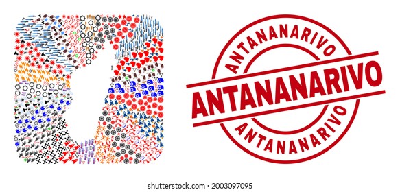 Mosaico vectorial de la isla de Madagascar mapa de diferentes íconos y placa Antananarivo. Mapa de la isla de Madagascar mosaico diseñado como forma tallada de forma cuadrada redondeada. Banda roja redonda con texto de Antananarivo.
