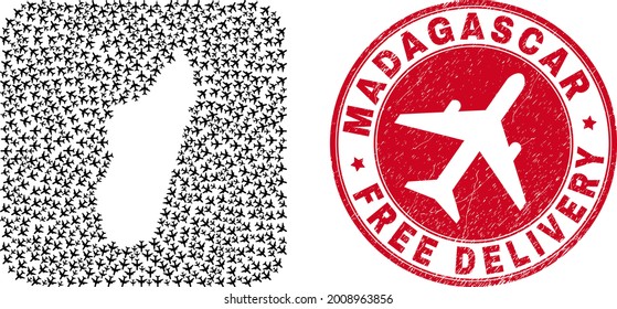 Vector mosaic Madagascar Island map of air force items and grunge Free Delivery badge.