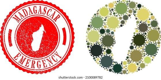 Vector mosaic Madagascar Island map of covid-2019 icons and grunge EMERGENCY seal stamp.