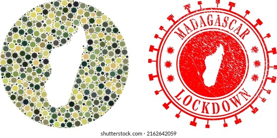 Vector mosaic Madagascar Island map of viral elements and grunge LOCKDOWN badge.