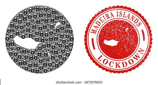 Vector mosaic Madeira Islands map of locks and grunge LOCKDOWN stamp. Mosaic geographic Madeira Islands map constructed as carved shape from round shape with black locks.