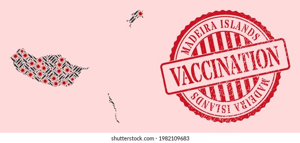 Vector mosaic Madeira Islands map of flu virus, vaccine icons, and red grunge vaccination seal stamp. Virus elements and dose items inside Madeira Islands map.