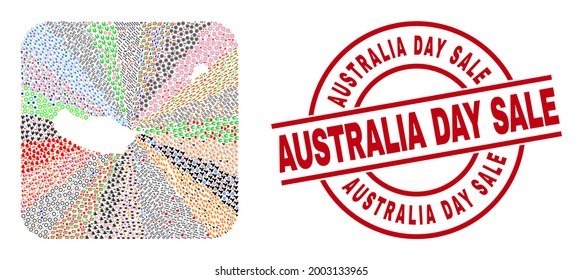 Vector mosaic Madeira Islands map of different icons and Australia Day Sale seal stamp. Mosaic Madeira Islands map designed as hole from rounded square shape.