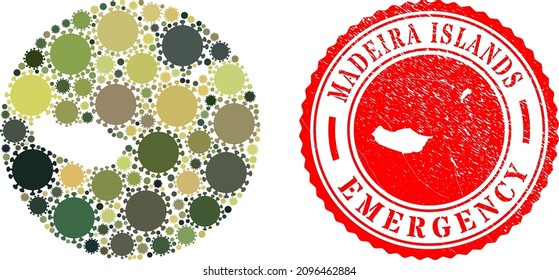 Vector mosaic Madeira Islands map of covid virus icons and grunge EMERGENCY seal stamp.