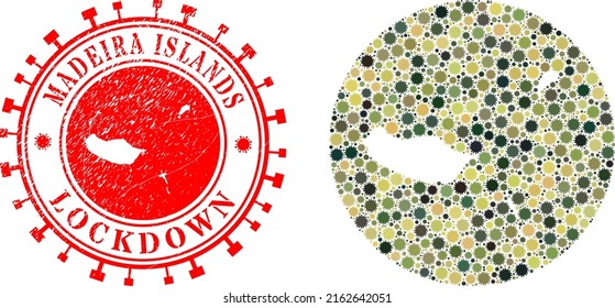 Vector mosaic Madeira Islands map of flu virus elements and grunge LOCKDOWN seal. Mosaic geographic Madeira Islands map created as hole from round shape with SARS virus elements in khaki army colors.