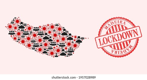 Vector mosaic Madeira map of corona virus, masked men and red grunge lockdown seal. Virus particles and men in masks inside Madeira map. Red seal with unclean rubber texture and LOCKDOWN text.