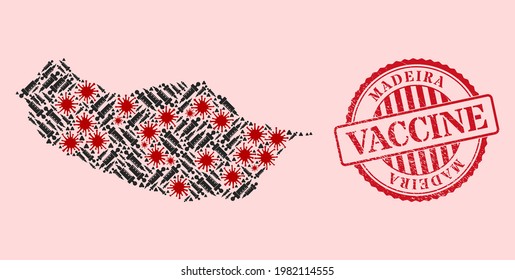 Vector mosaic Madeira map of covid-2019 virus, treatment icons, and red grunge vaccination stamp. Virus cells and treatment particles inside Madeira map.