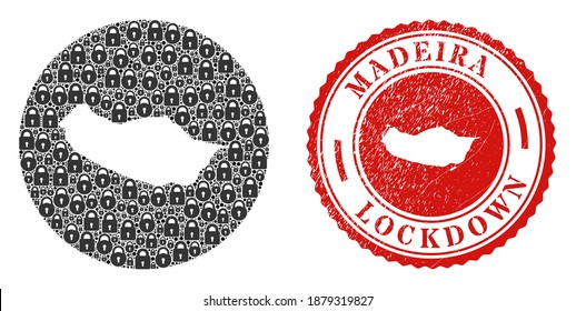 Vector mosaic Madeira map of locks and grunge LOCKDOWN stamp. Mosaic geographic Madeira map constructed as stencil from round shape with black locks.