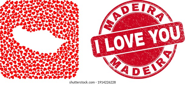 Vector mosaic Madeira map of love heart items and grunge love seal stamp. Collage geographic Madeira map created as carved shape from rounded square shape with lovely hearts.