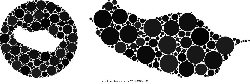 Vector mosaic Madeira map of round dots. Mosaic geographic Madeira map designed as subtraction from round shape with round dots in black colors. Dot vector mosaic Madeira map.