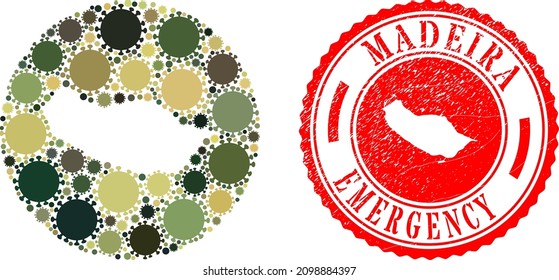 Vector mosaic Madeira map of virus items and grunge EMERGENCY seal stamp. Mosaic geographic Madeira map created as hole from circle with flu virus elements in camouflage military colors.