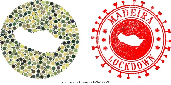 Vector mosaic Madeira map of virus elements and grunge LOCKDOWN badge. Mosaic geographic Madeira map created as stencil from circle with flu virus elements in camouflage army color hues.