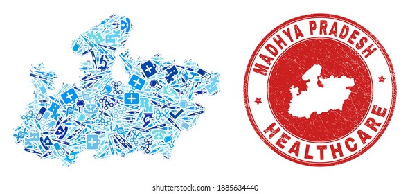 Vector mosaic Madhya Pradesh State map of healthcare icons, receipt symbols, and grunge healthcare watermark.