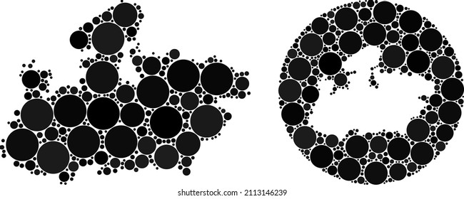 Vector mosaic Madhya Pradesh State map of circle parts. Mosaic geographic Madhya Pradesh State map is created as hole from circle with spheric parts in black colors.