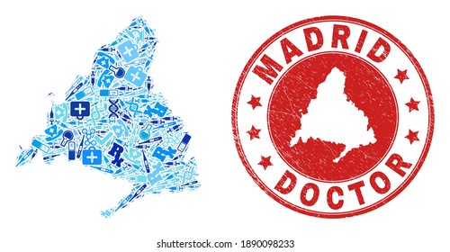 Mapa de mosaicos vectoriales de la provincia de Madrid de iconos de la vacuna, símbolos hospitalarios y sello de la atención de la salud de grunge. Sello redondo rojo con textura de goma gruesa y mapa de la provincia de Madrid.