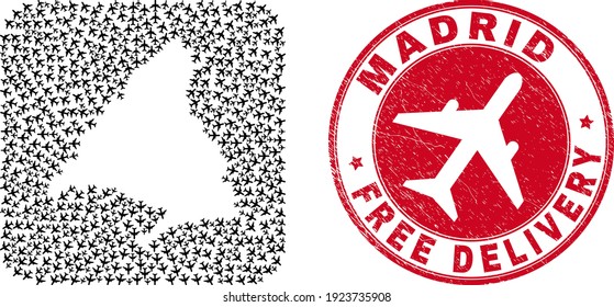 Vector mosaic Madrid Province map of air force items and grunge Free Delivery badge. Mosaic geographic Madrid Province map designed as hole from rounded square using escaping air force plane symbols.