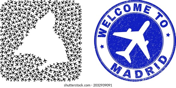 Vector mosaic Madrid Province map of trip elements and grunge Welcome seal stamp. Collage geographic Madrid Province map designed as stencil from rounded square shape using air tourism.