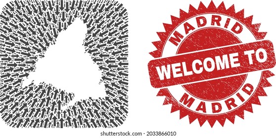 Vector mosaic Madrid Province map of direction arrows and grunge Welcome seal stamp. Collage geographic Madrid Province map designed as carved shape from rounded square shape with direction arrows.