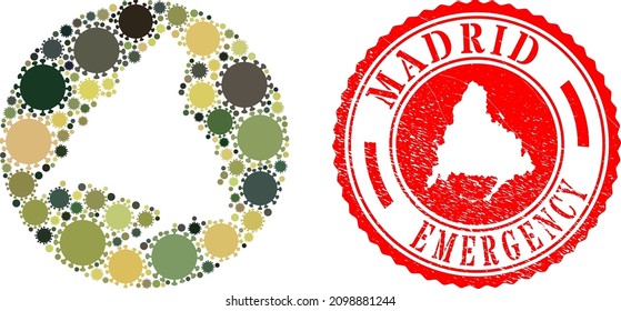 Vector mosaic Madrid Province map of SARS virus icons and grunge EMERGENCY seal stamp.
