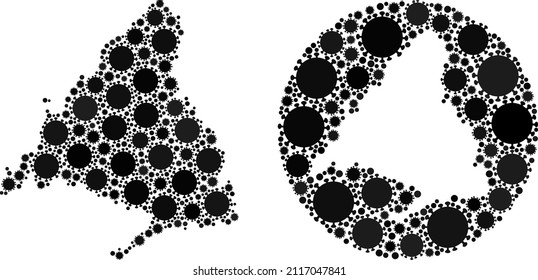 Vector mosaic Madrid Province map of covid virus elements. Mosaic geographic Madrid Province map created as carved shape from round shape with flu virus elements in black colors.