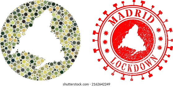 Vector mosaic Madrid Province map of virus elements and grunge LOCKDOWN seal stamp.