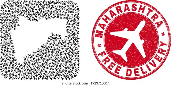 Vector mosaic Maharashtra State map of jet vehicle items and grunge Free Delivery badge.