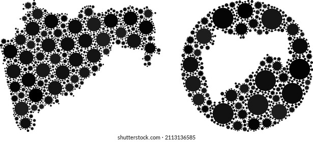 Vektor mosaic Maharashtra State Karte der Grippevirus-Symbole. Mosaik Geografische Maharashtra-State-Karte, die als Subtraktion von runder Form mit Grippevirus-Symbolen in schwarzen Farbtönen entworfen wurde.