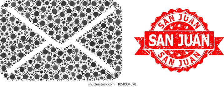 Vector mosaic mail of corona virus, and San Juan grunge ribbon stamp. Virus elements inside mail mosaic. Red stamp seal has San Juan caption inside ribbon.