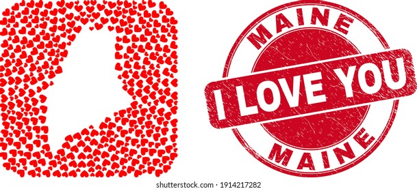 Vector mosaic Maine State map of lovely heart elements and grunge love badge. Collage geographic Maine State map created as stencil from rounded square shape with valentine hearts.