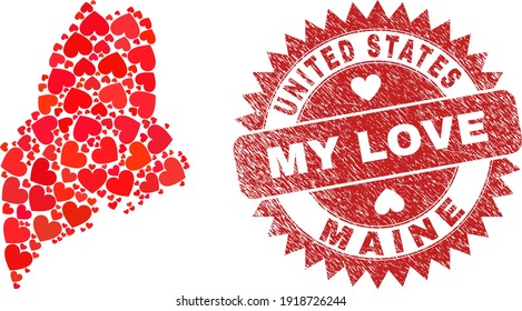 Vektor-Mosaik Maine State-Karte von valentinischen Herzelementen und Grunge Mein Liebeszeichen. Mosaik geographische Maine State Karte mit Liebe Herzen.