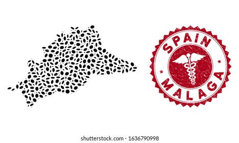 Vector mosaic Malaga Province map and red round distressed stamp seal with serpents symbol. Malaga Province map collage constructed with ellipse spots. Red round health care stamp,