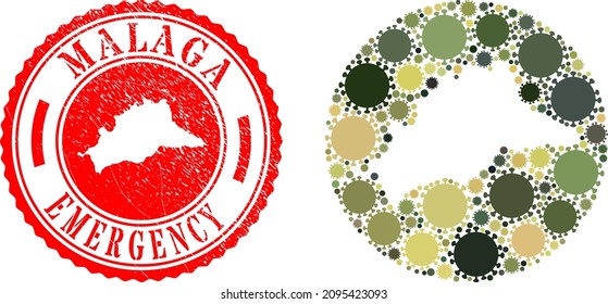 Vector mosaic Malaga Province map of coronavirus icons and grunge EMERGENCY stamp.