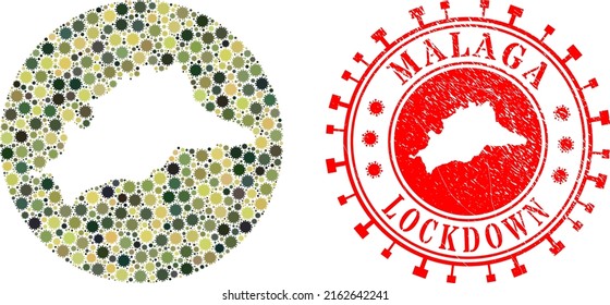 Vector mosaic Malaga Province map of sars virus elements and grunge LOCKDOWN seal. Mosaic geographic Malaga Province map constructed as stencil from circle with flu virus items in camo army colors.