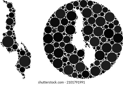 Vector mosaic Malawi map of sphere elements. Mosaic geographic Malawi map is constructed as carved shape from round shape with round elements in black colors. Pixel vector mosaic Malawi map.