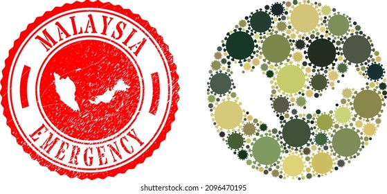 Mapa del mosaico vectorial Malasia de los elementos del virus del cóvido y sello del sello de EMERGENCIA grunge.